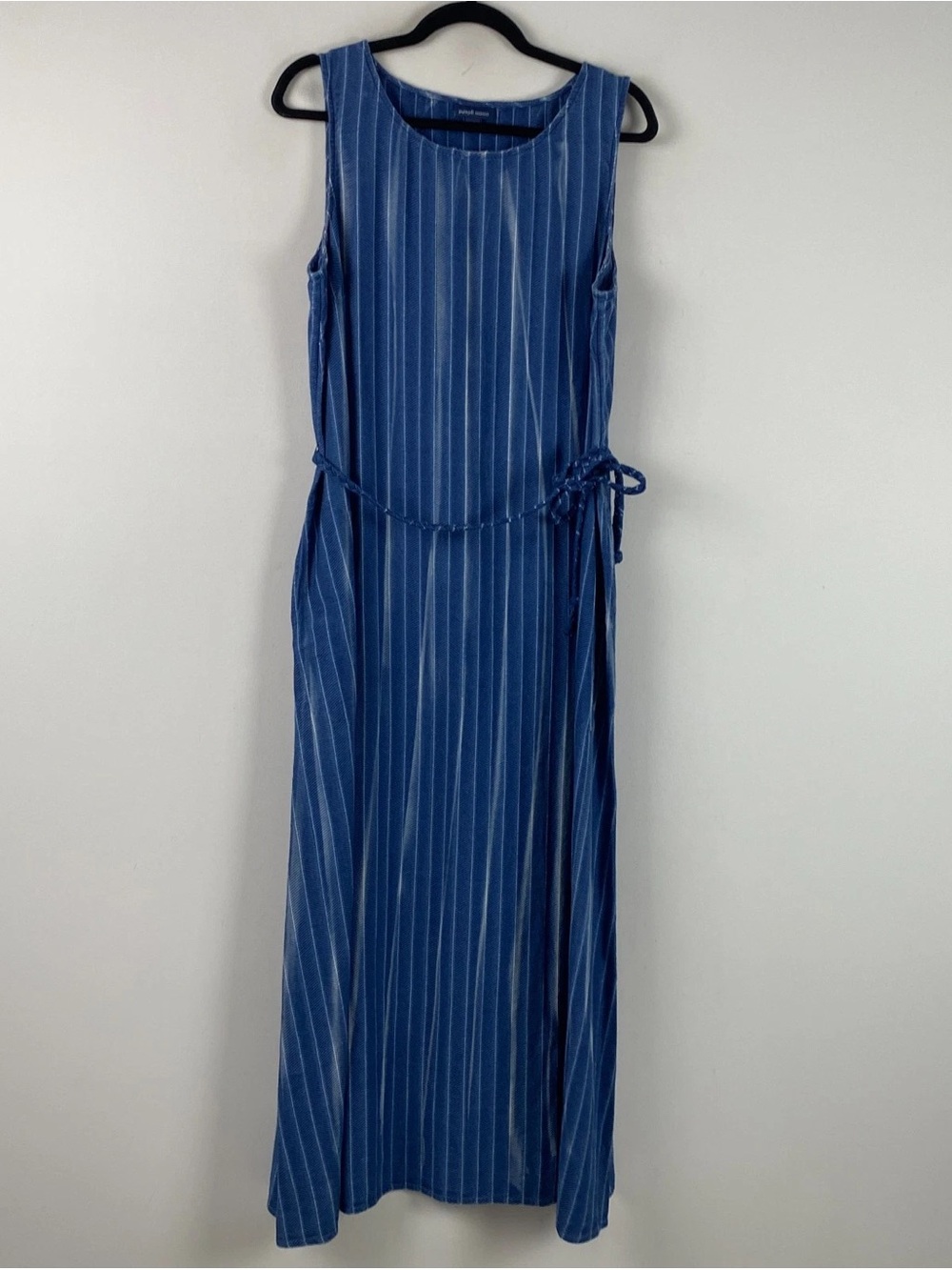 J. Jill Navy Blue Sleeveless Pinstripe Maxi Dress with Waist Tie